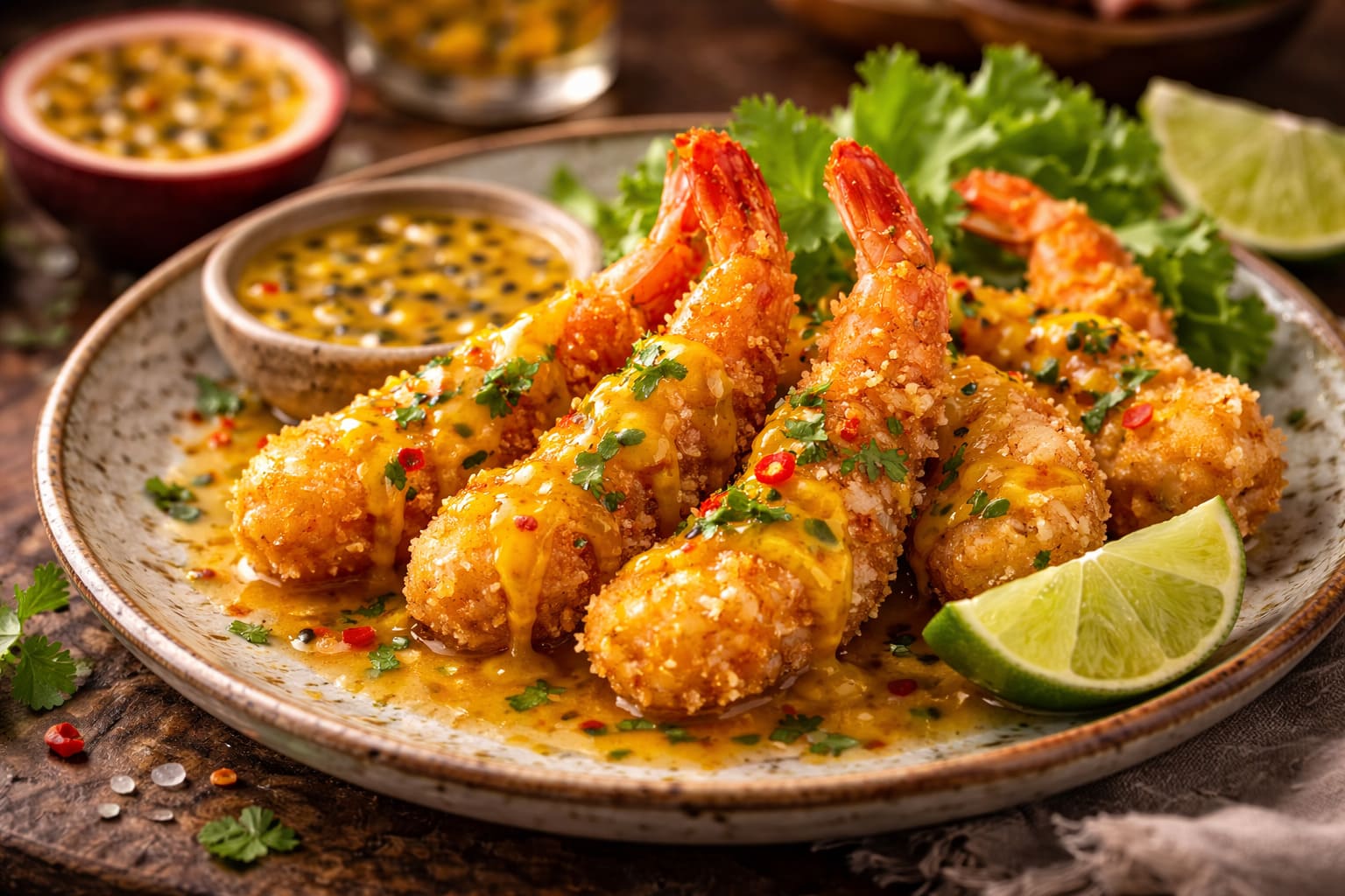 Langostinos al Panko y Maracuyá